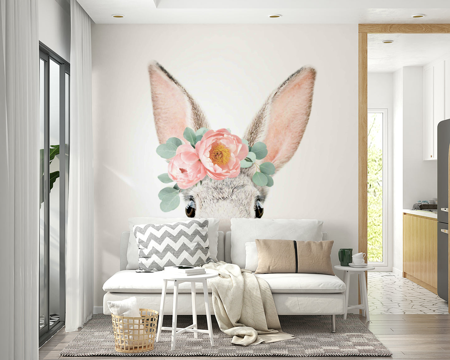 Focus on the bunny's expression and floral details.

