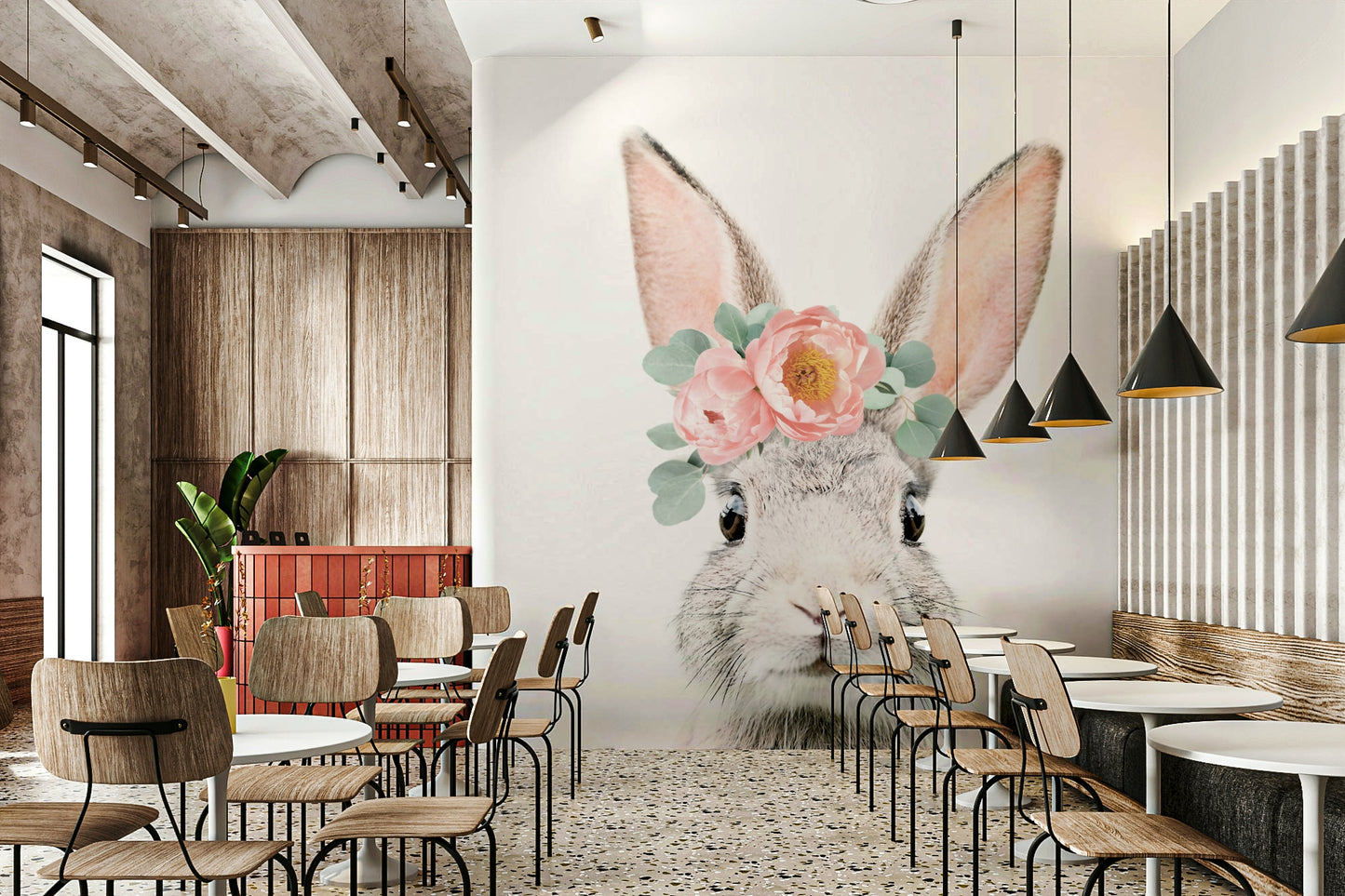 High-resolution image of a bunny and flowers.

