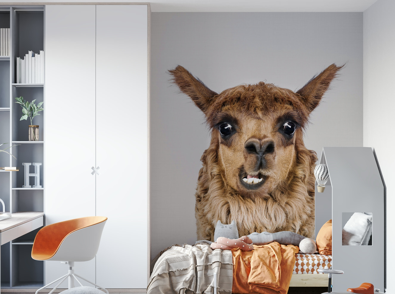 Playful llama with a happy expression.

