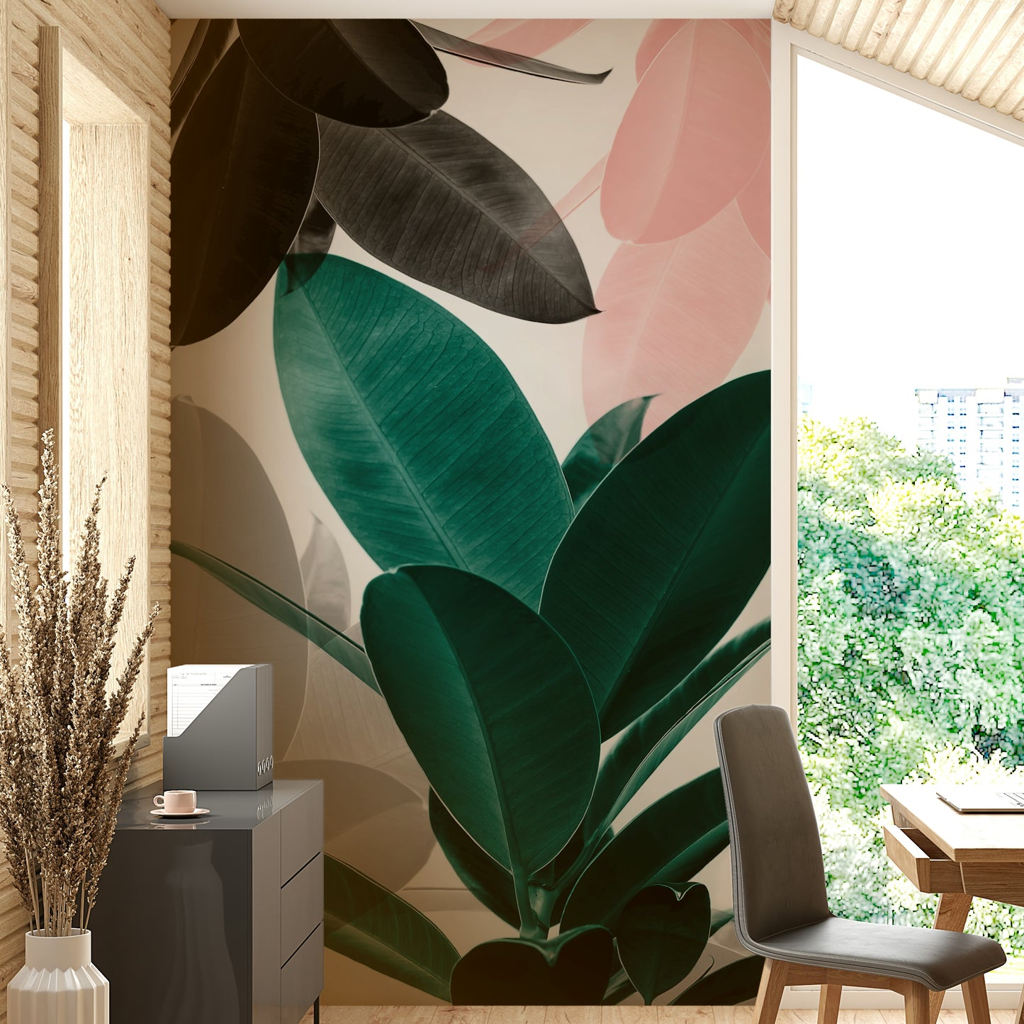 Varied hues of green, yellow, or autumn tones.

