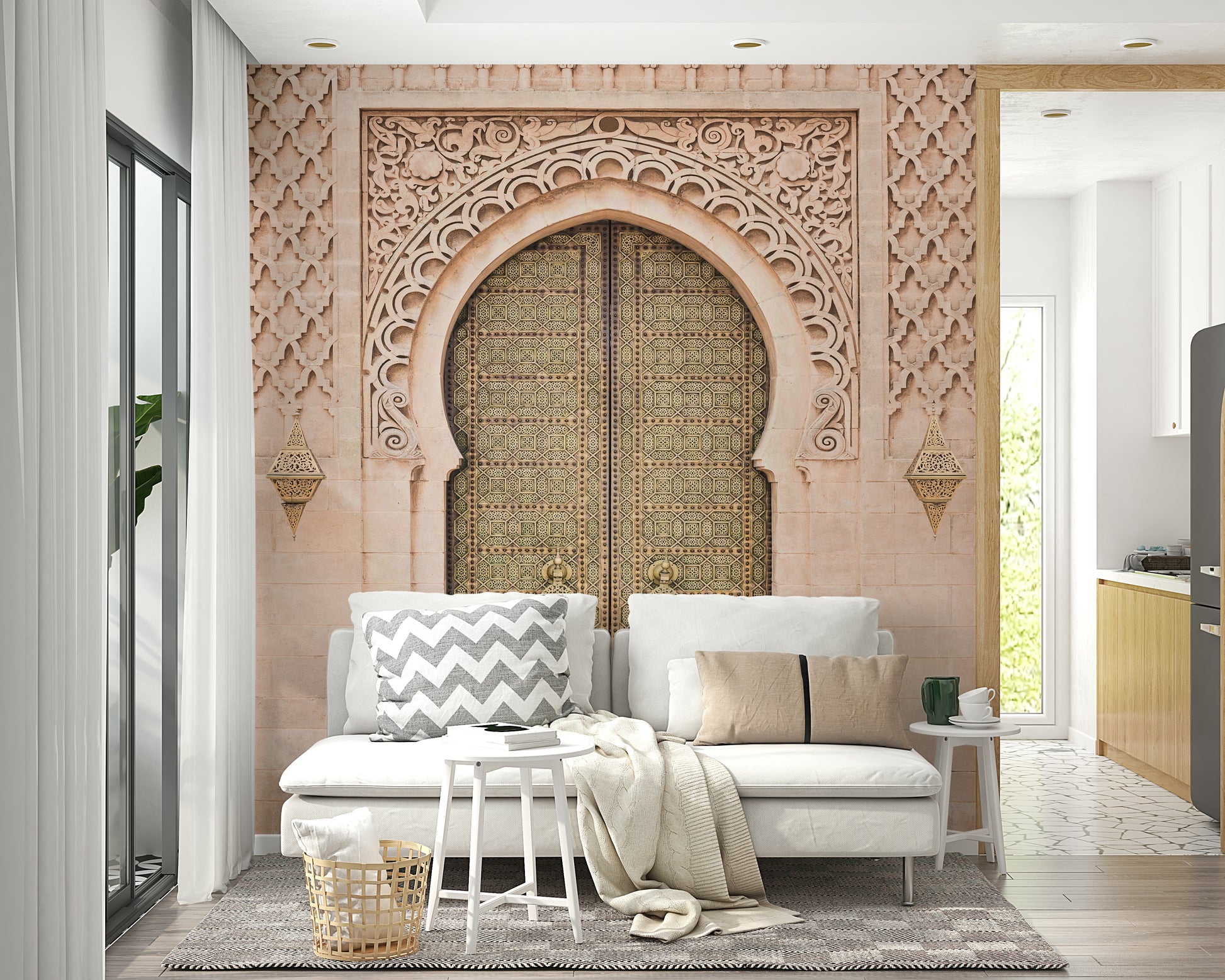 Grand archway bathed in golden light.

