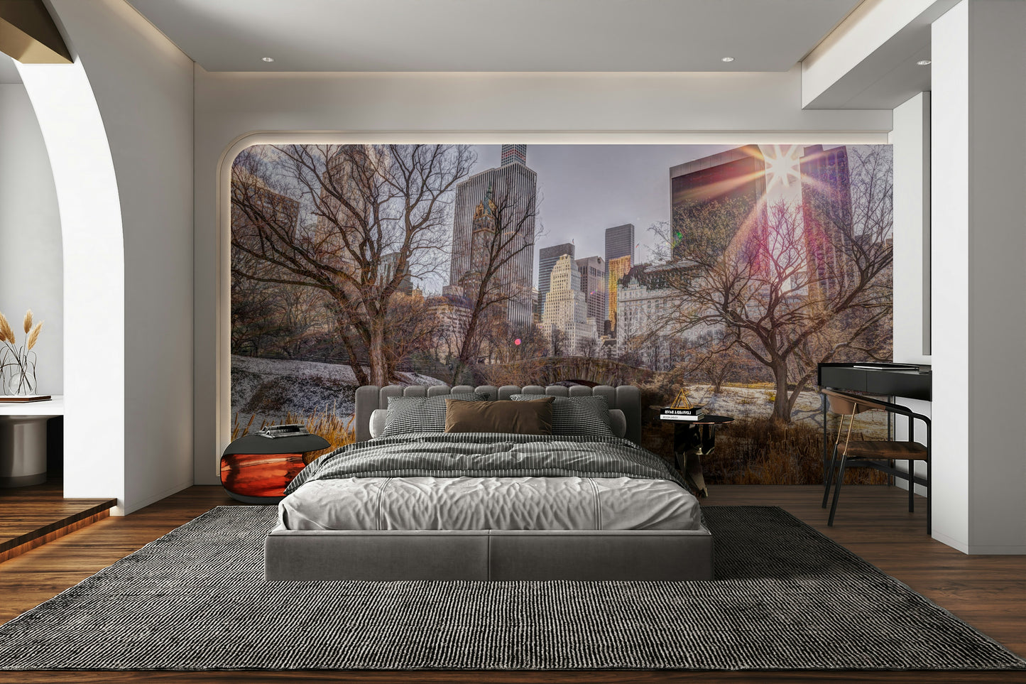 Bright sky with some clouds and a sun flare.

