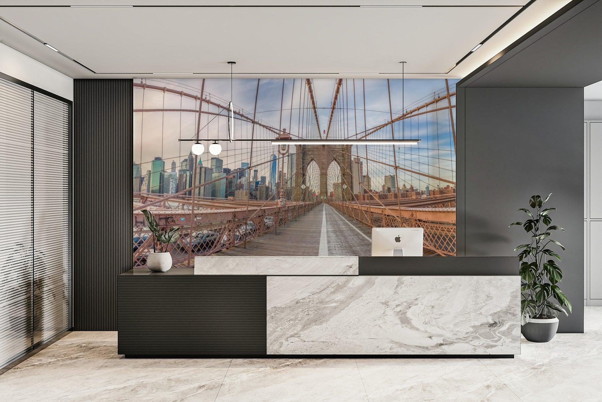 Manhattan skyline in the distance.

