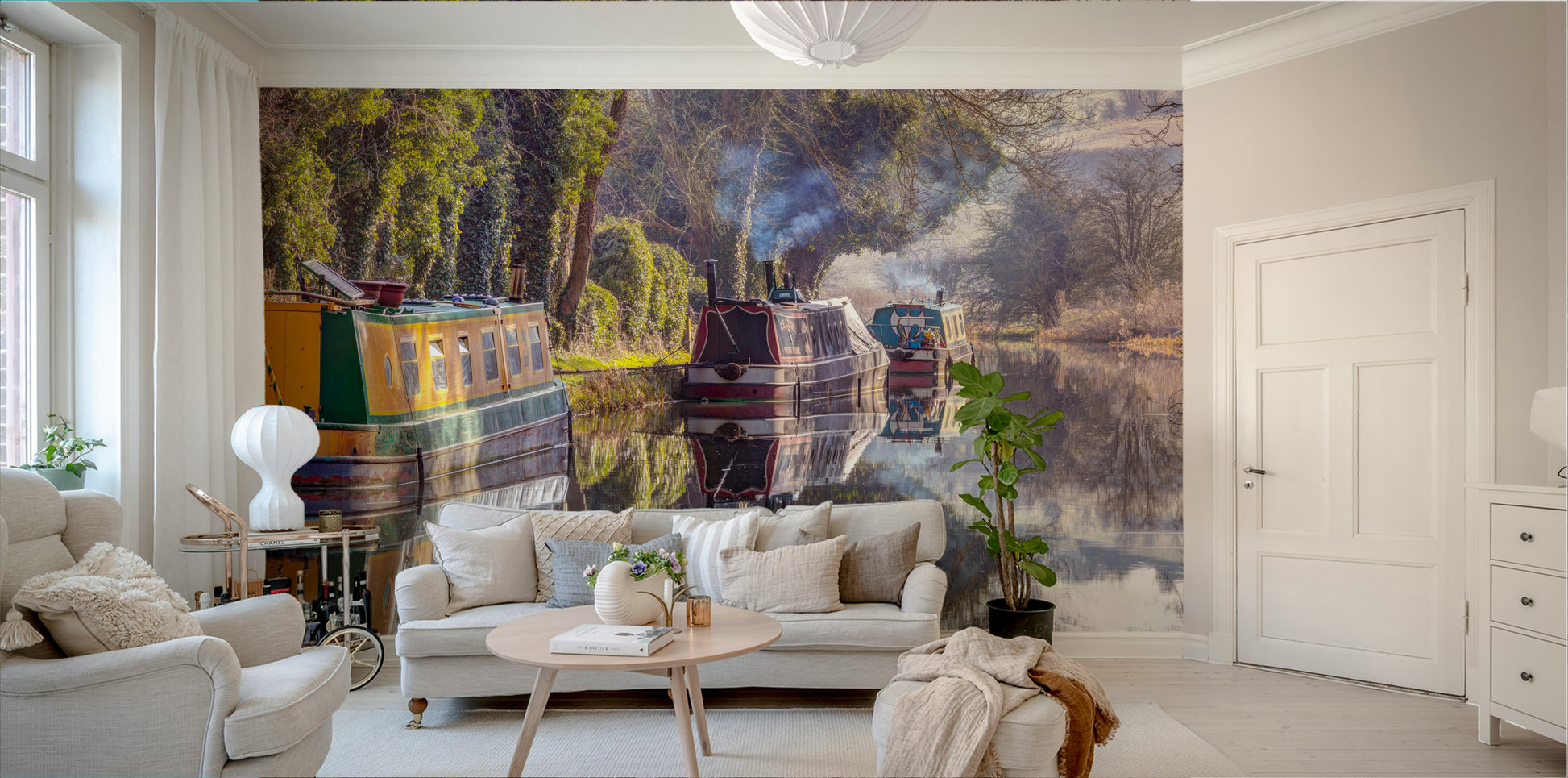 Still water with reflections of boats and trees.

