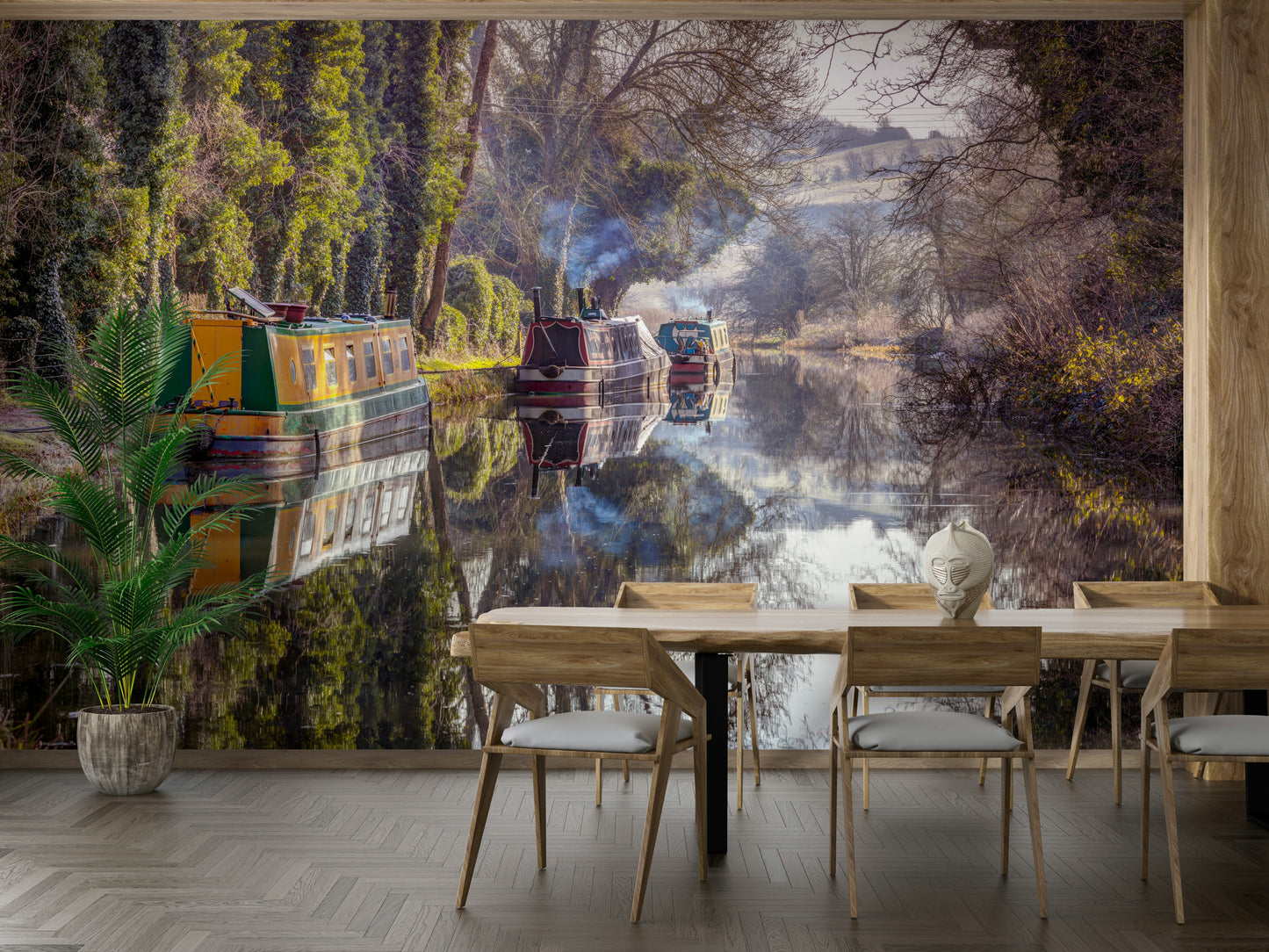 Lush trees lining the canal banks.

