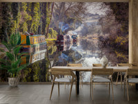 Lush trees lining the canal banks.

