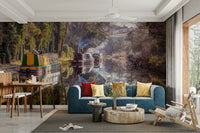 Colorful narrowboats along the water's edge.

