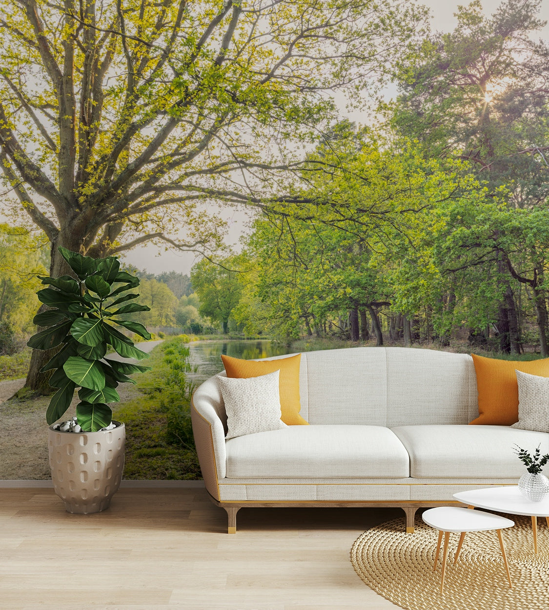 Blooming trees and lush green banks.

