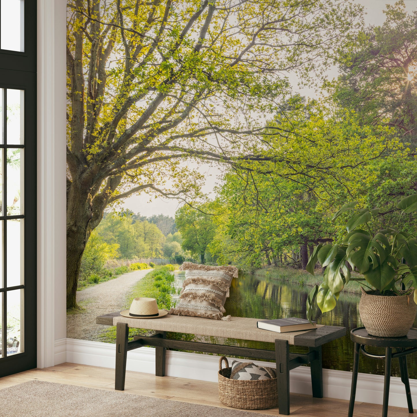 Calm water reflecting the clear sky.

