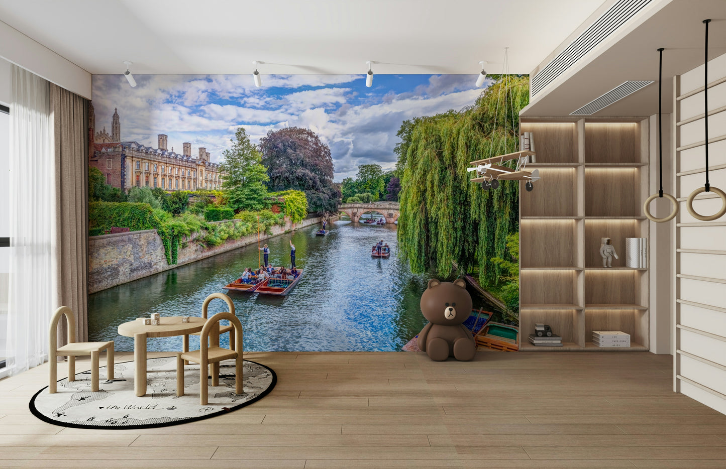 Lush riverside gardens or trees.
