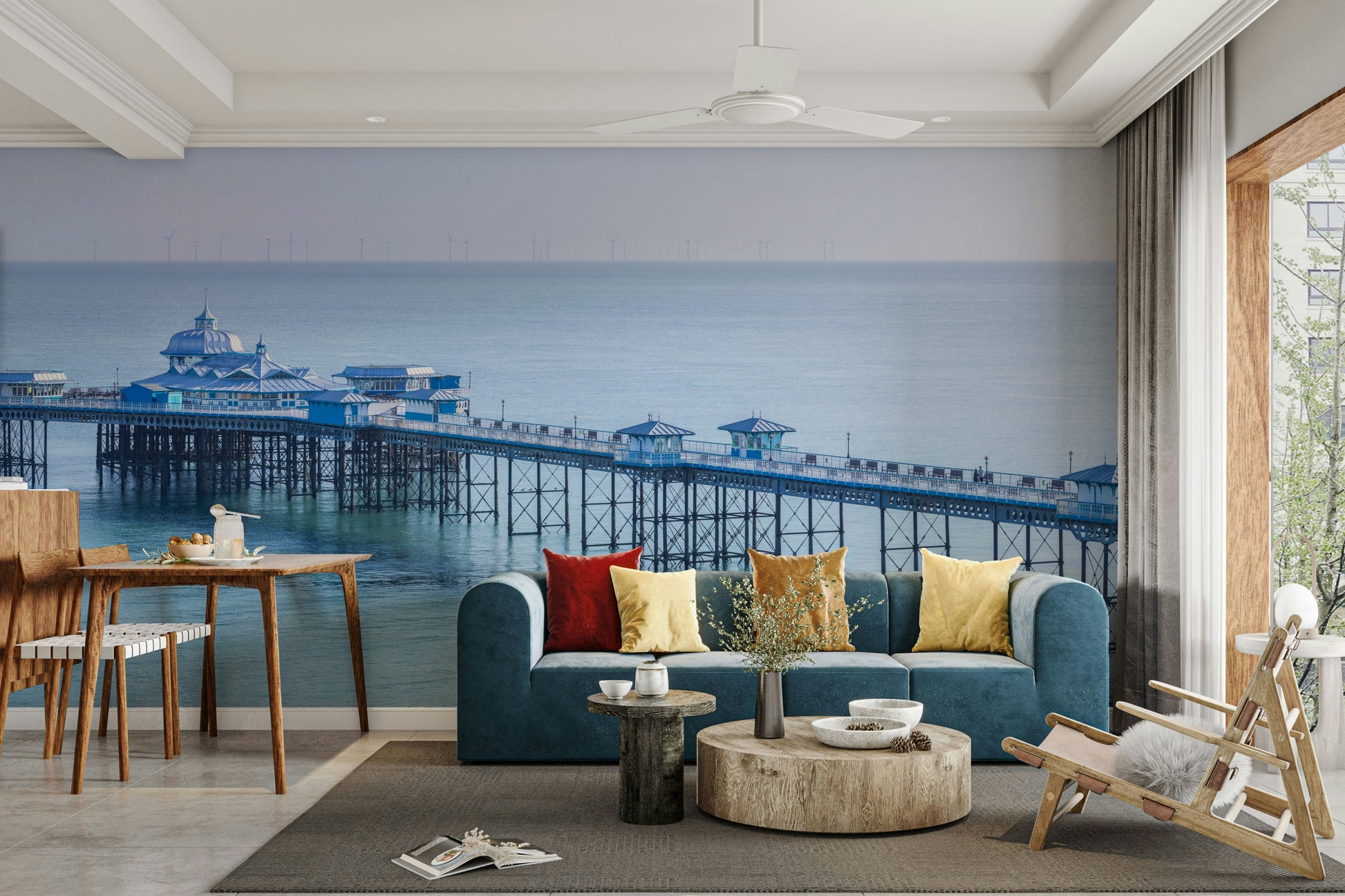 Small shelters along the pier walkway.

