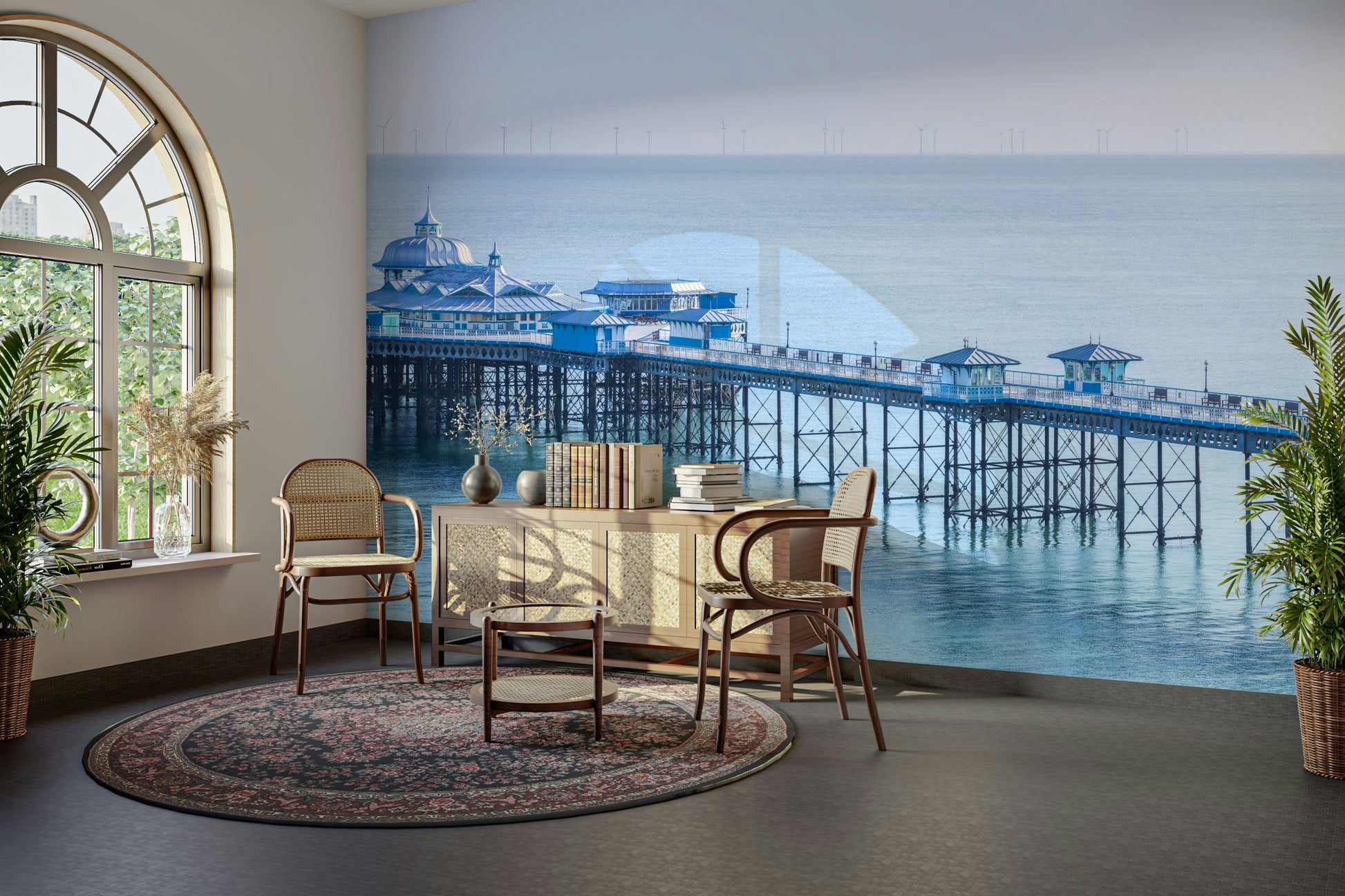 Calm, pale blue water.

