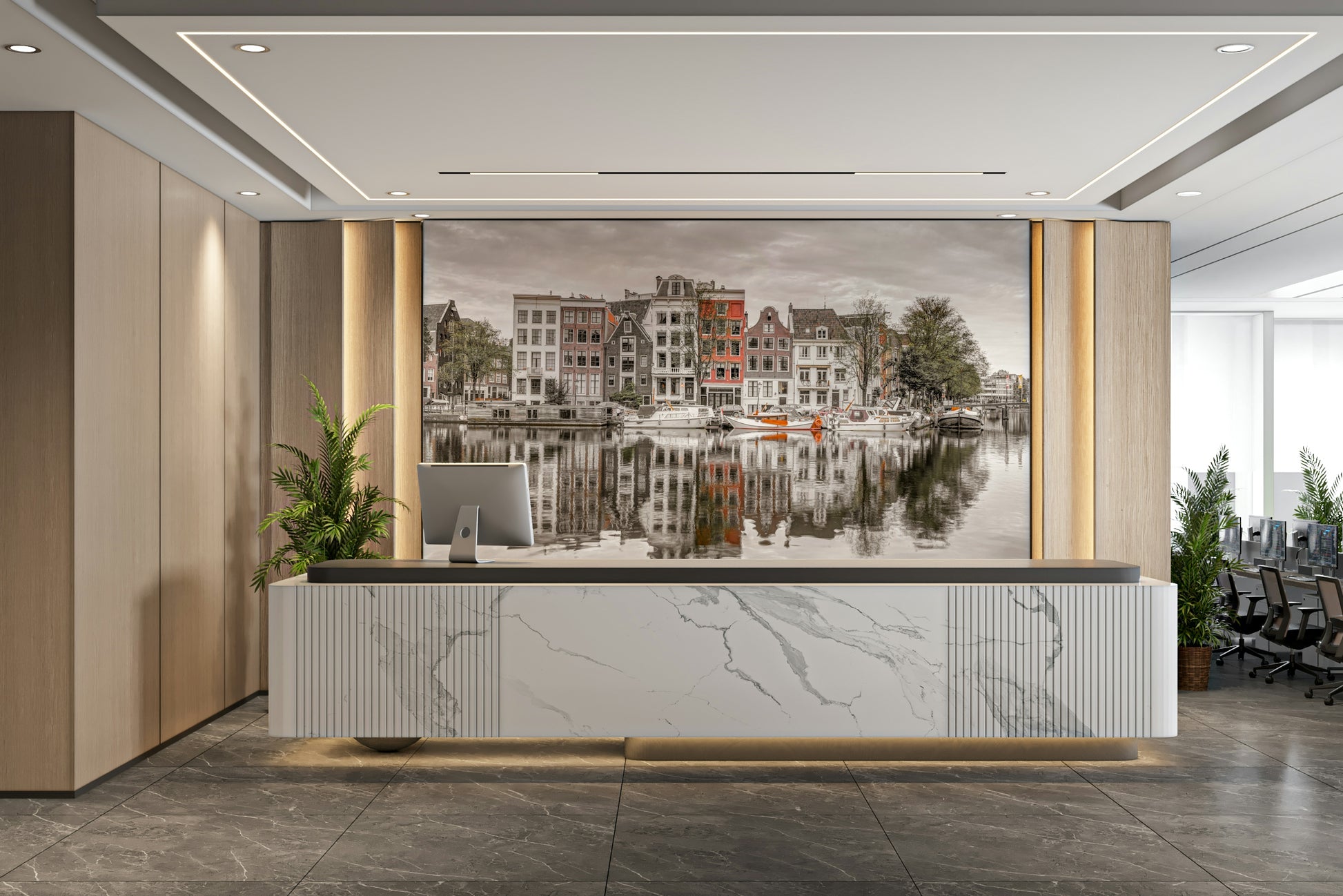 Tranquil canal surface.

