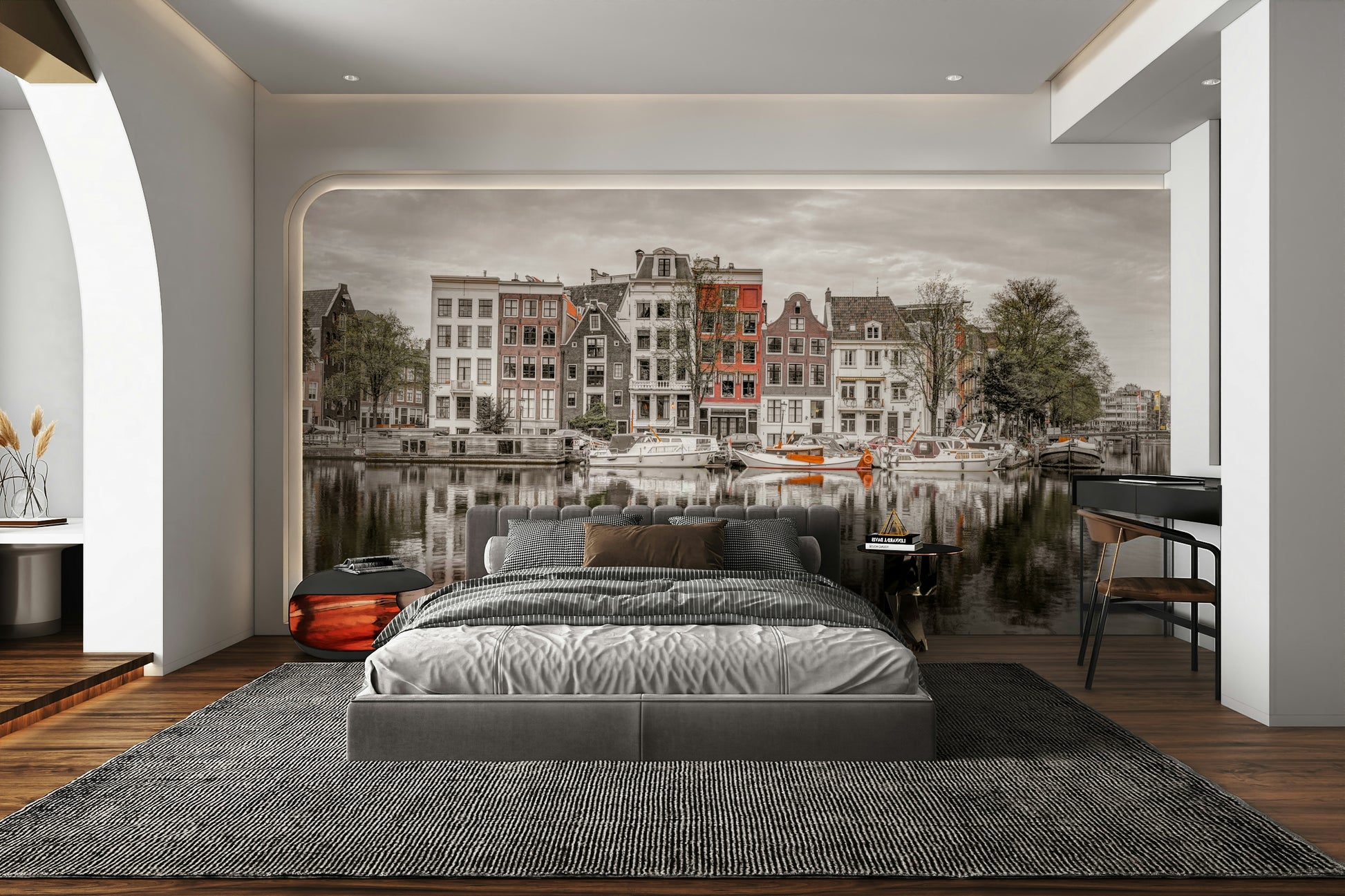 Clear reflections of the townhouses in the water.

