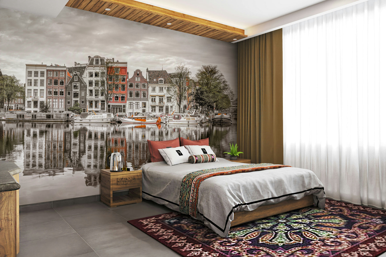 Row of traditional Amsterdam townhouses.

