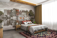 Row of traditional Amsterdam townhouses.

