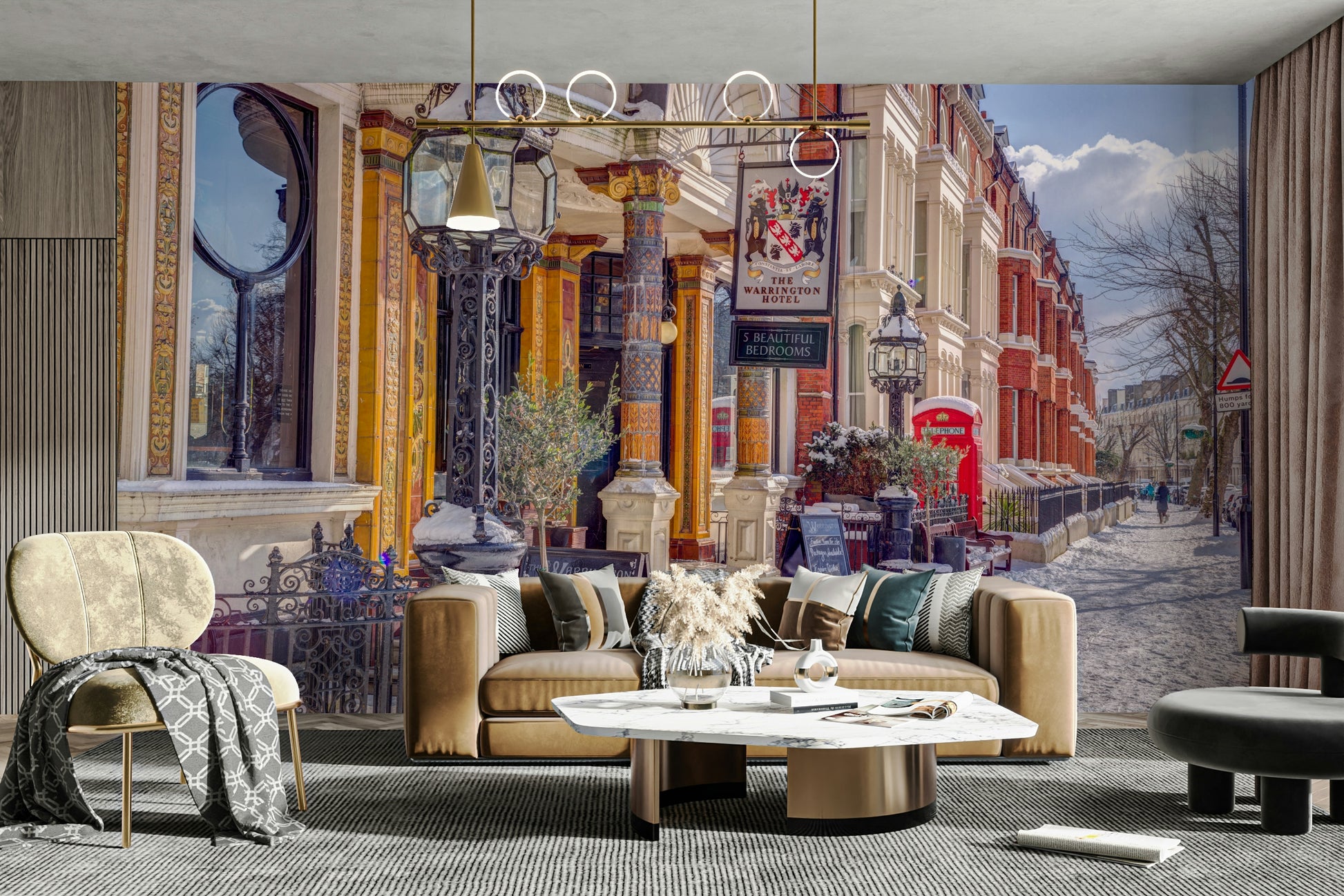 Cozy streetlights casting a warm glow.

