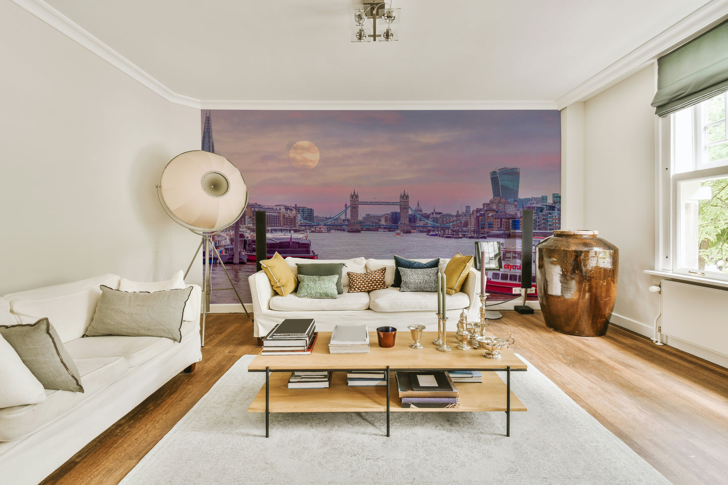 Serene river with boats.

