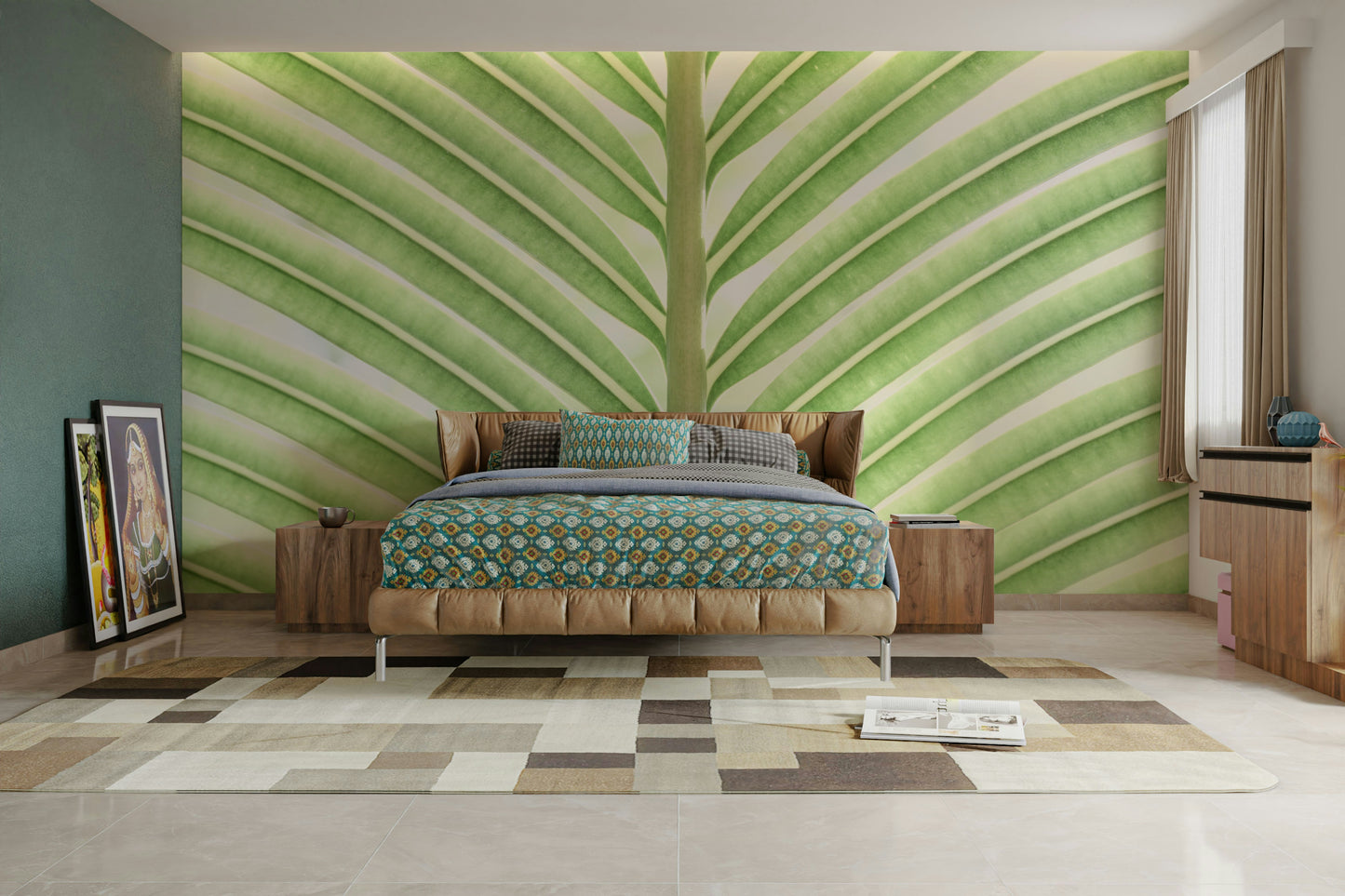Lush green leaves forming subtle stripes or flowing patterns.

