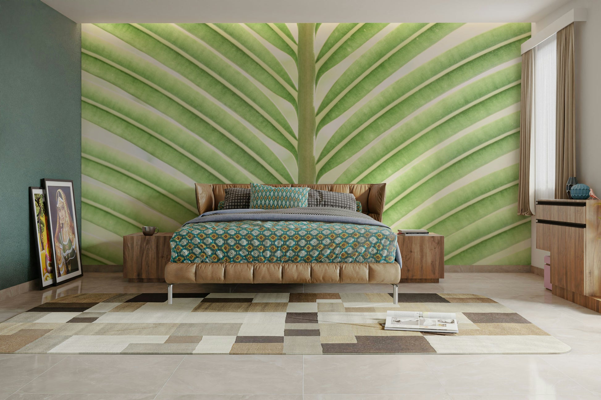Lush green leaves forming subtle stripes or flowing patterns.

