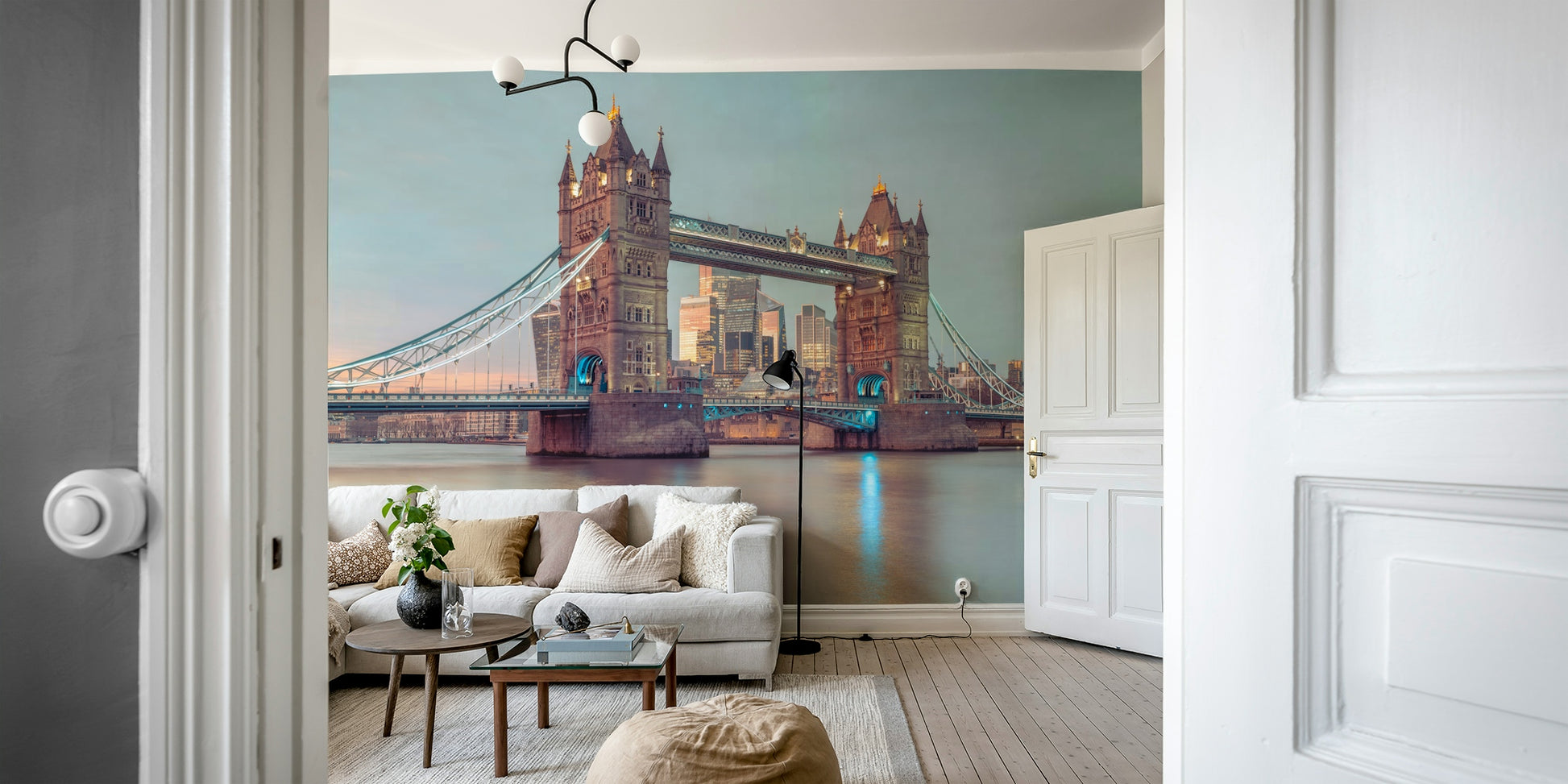 Reflection of the bridge in calm water below.

