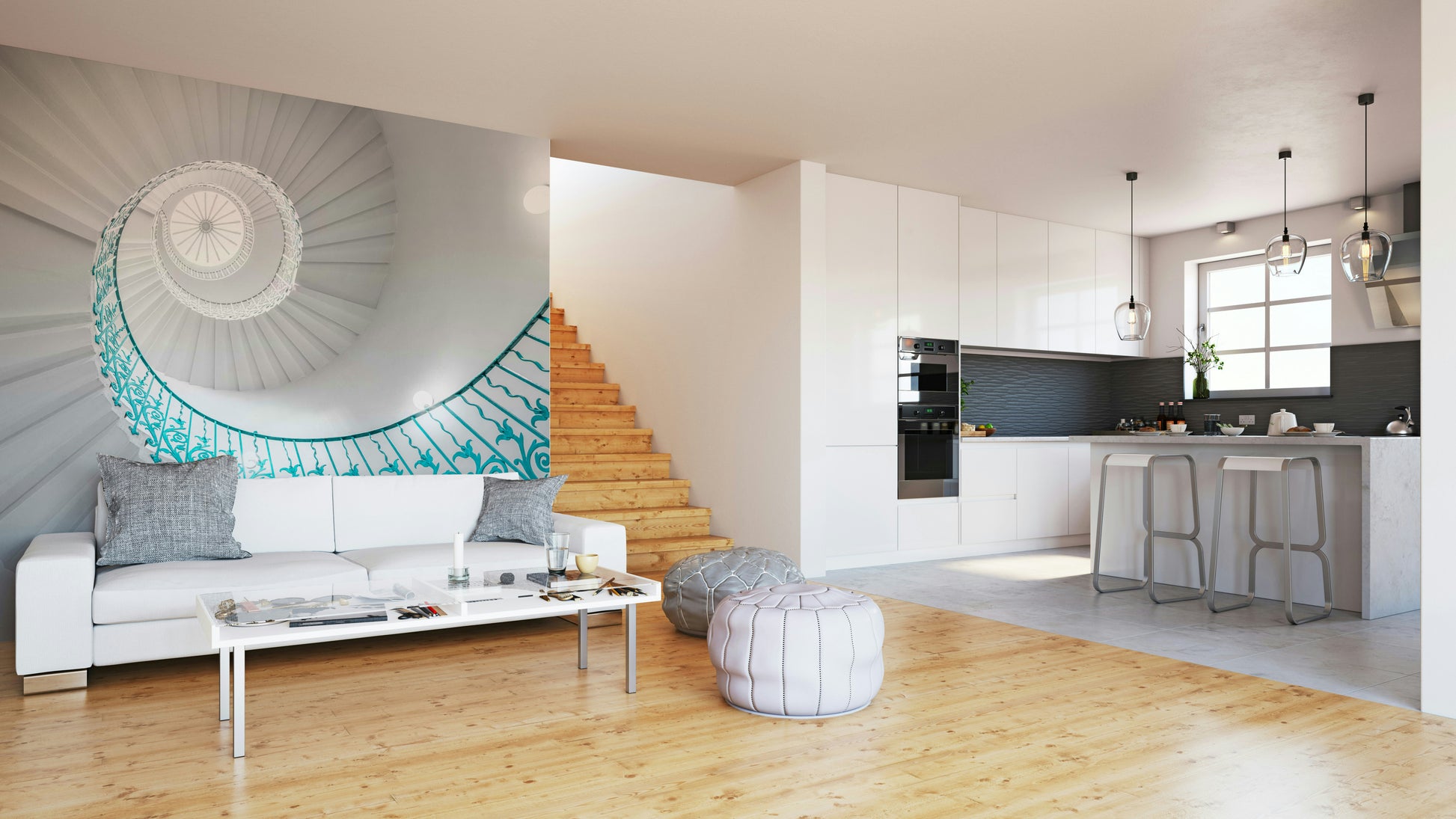 Pristine white steps and walls.

