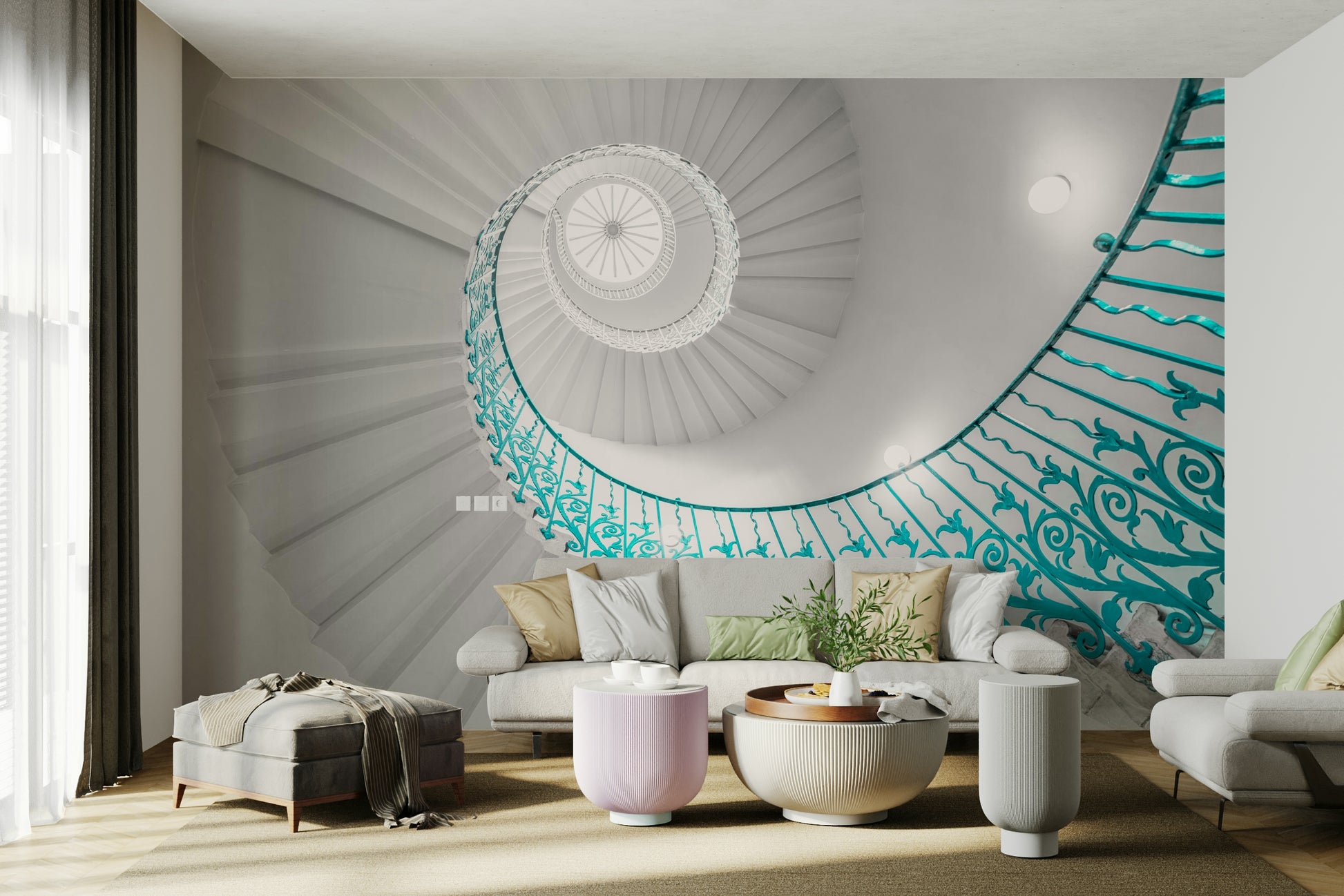 Central skylight or circular window at the top.

