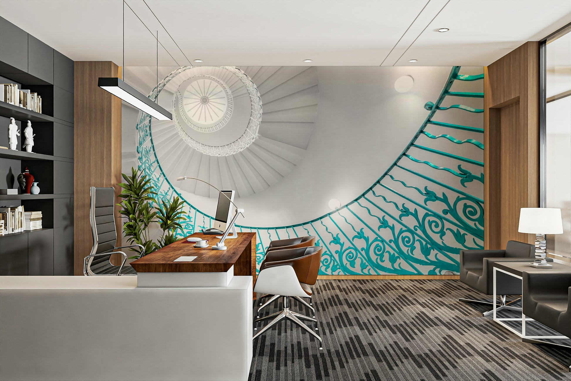 Striking, ornate railing in a teal color.

