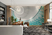 Striking, ornate railing in a teal color.

