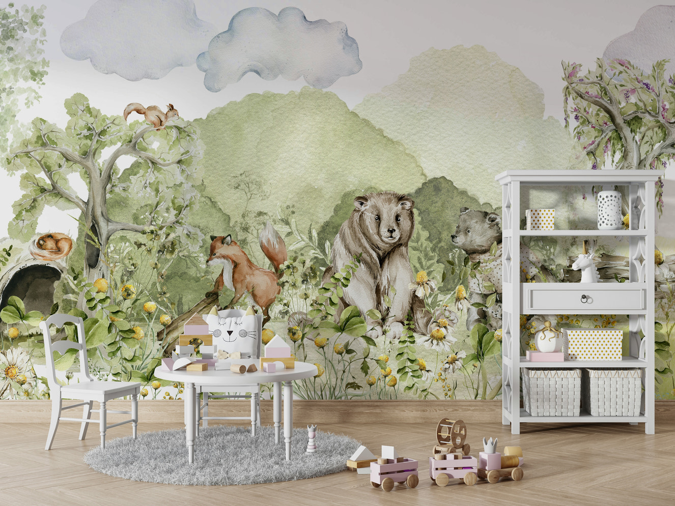 Enchanting forest scene with whimsical woodland creatures.

