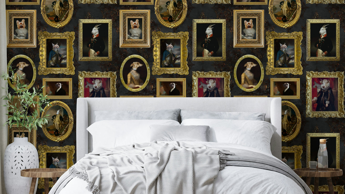 Collection of various animals depicted as gilded aristocracy.

