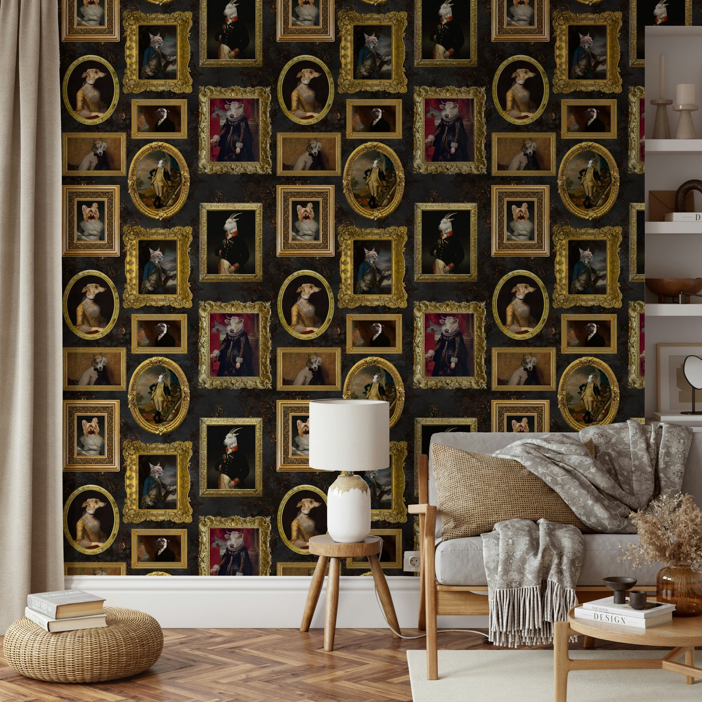Set against backdrops of rich fabrics and golden elements.

