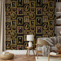 Set against backdrops of rich fabrics and golden elements.

