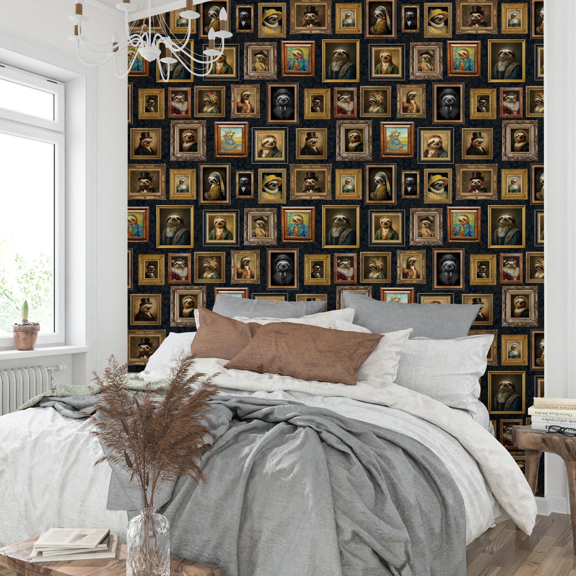 Sloths posed in opulent or classic art gallery settings.

