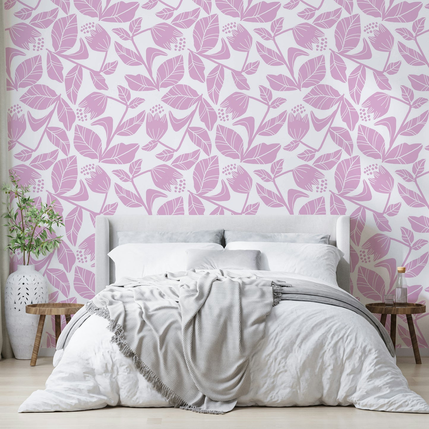 Soft pinks, gentle creams, and muted green foliage.

