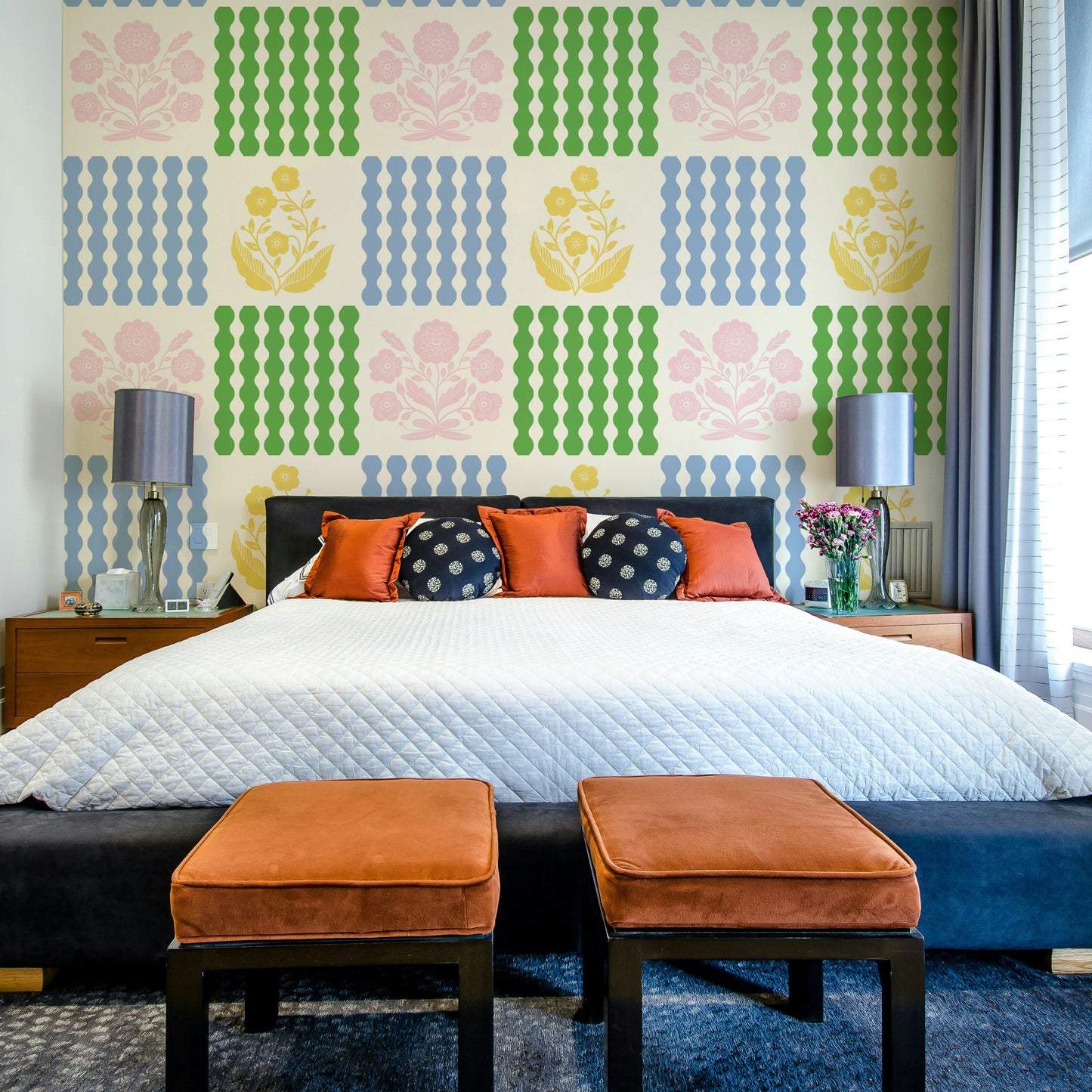 Lively fusion of stylized floral patterns.

