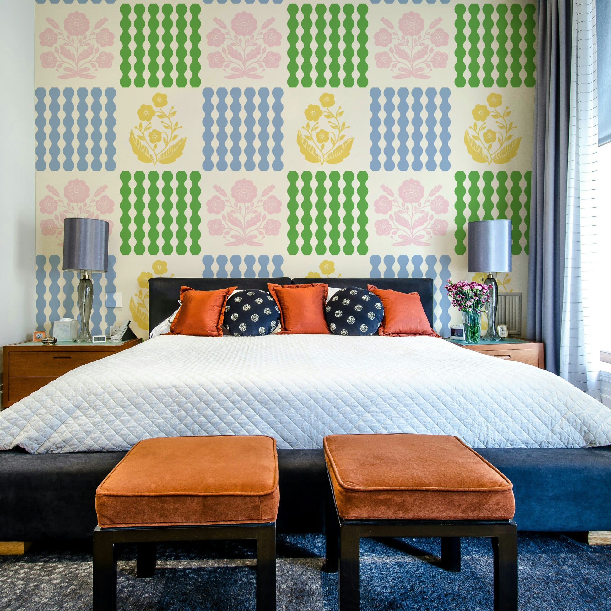 Lively fusion of stylized floral patterns.

