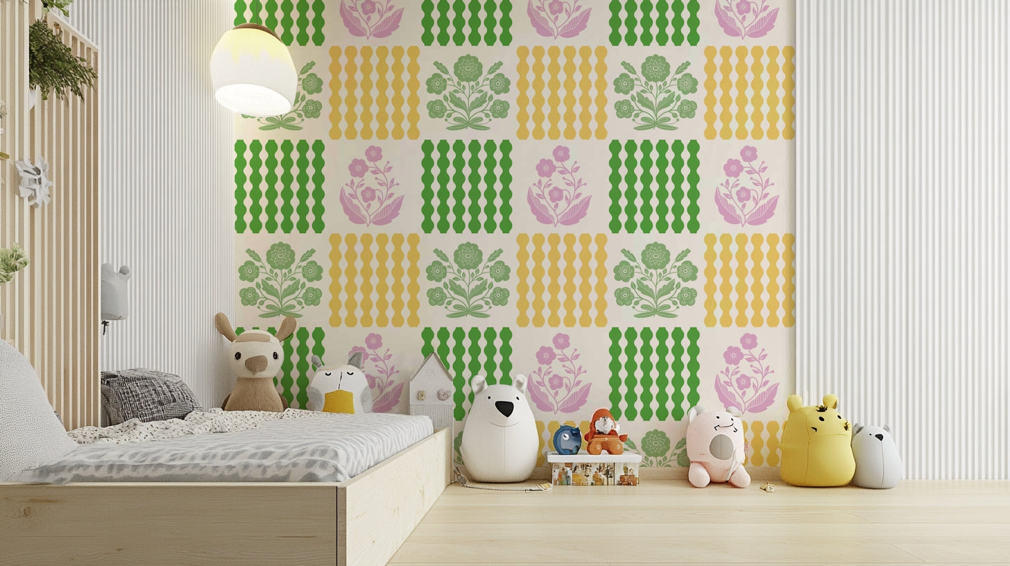 Soft oranges, warm browns, creams, greens, inviting blues.

