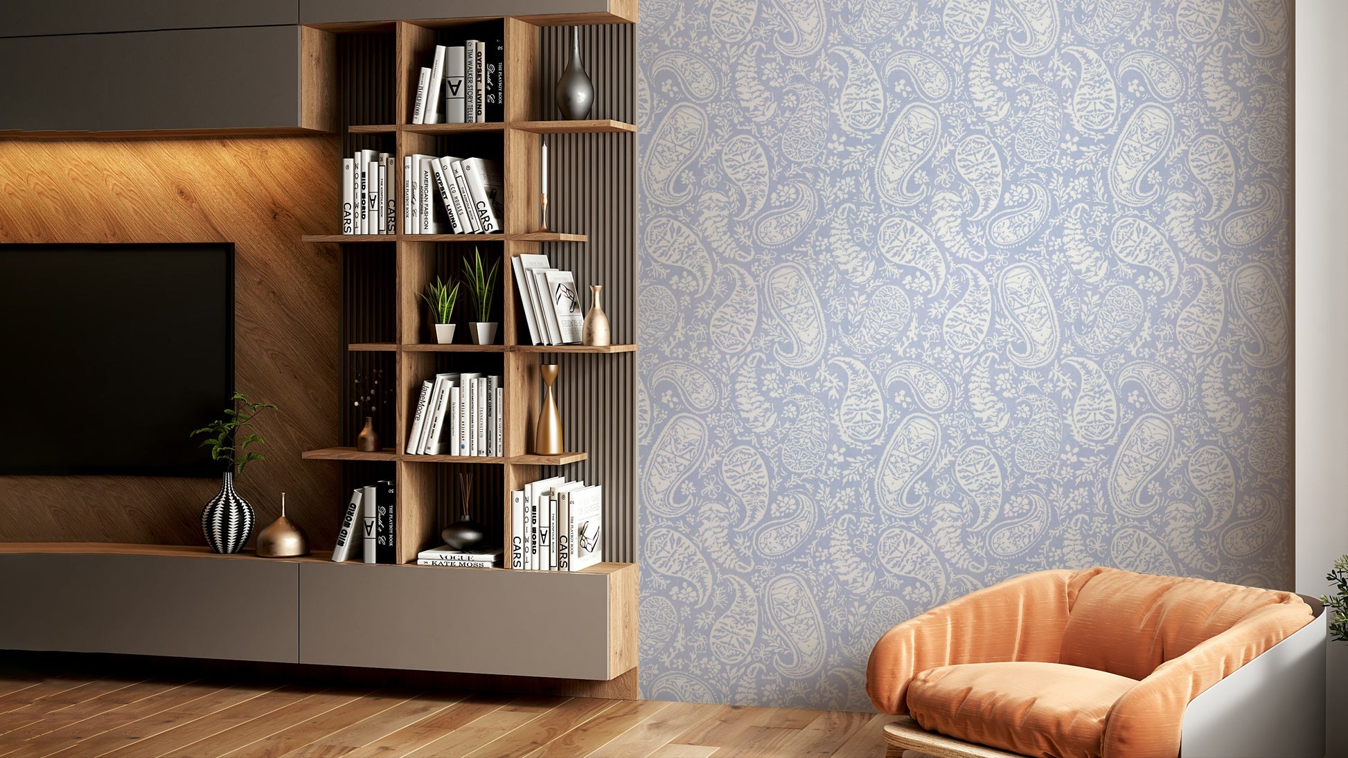 Contrasting white or lighter blue motifs.

