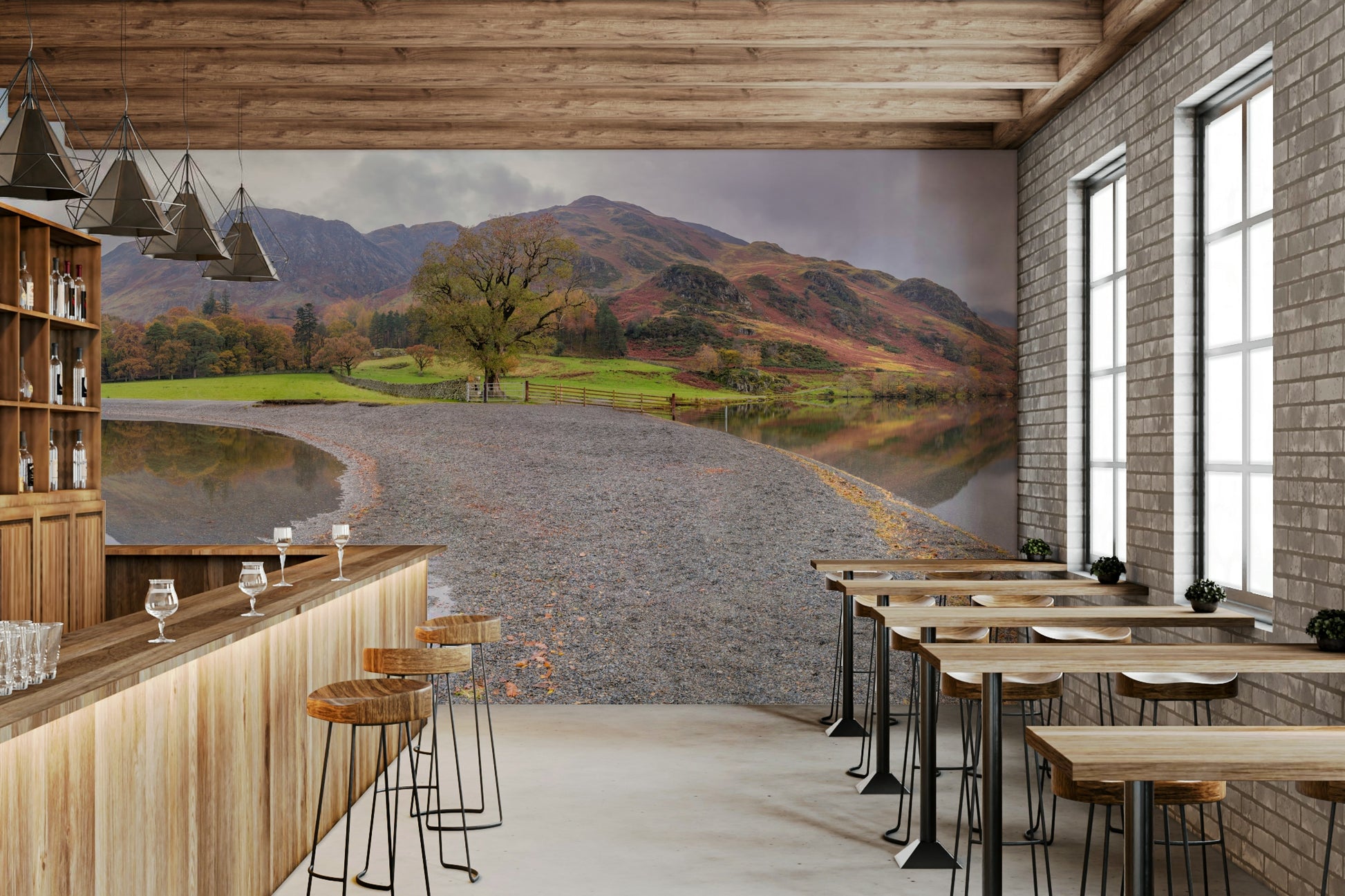 Panoramic landscape with calm lake.

