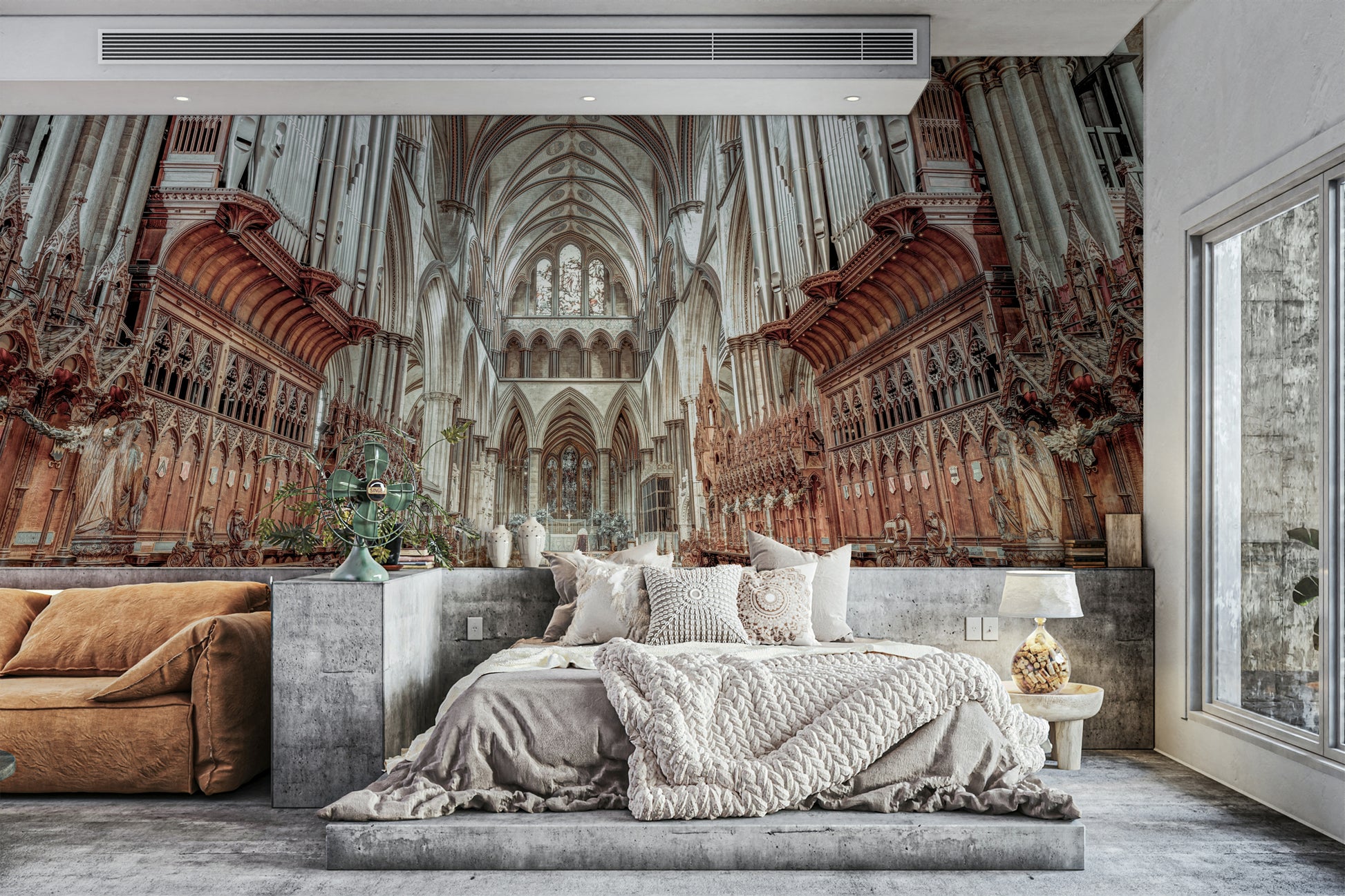 Focus on intricate choir stalls.

