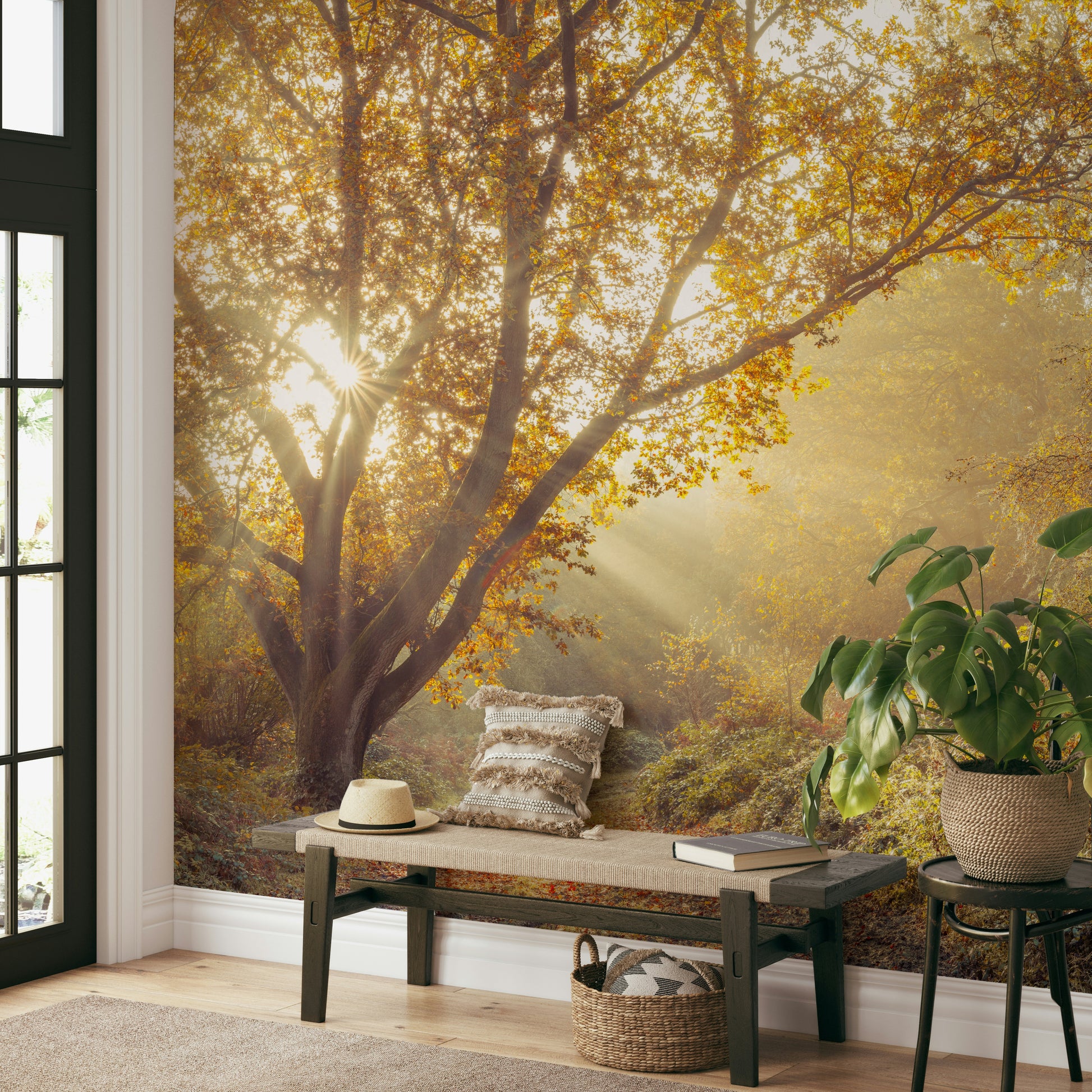 Harmonious greens, browns, earthy tones.

