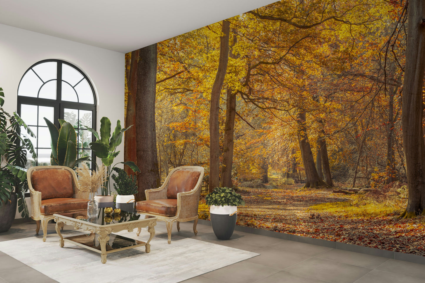 Dominant brilliant gold and warm amber leaves.

