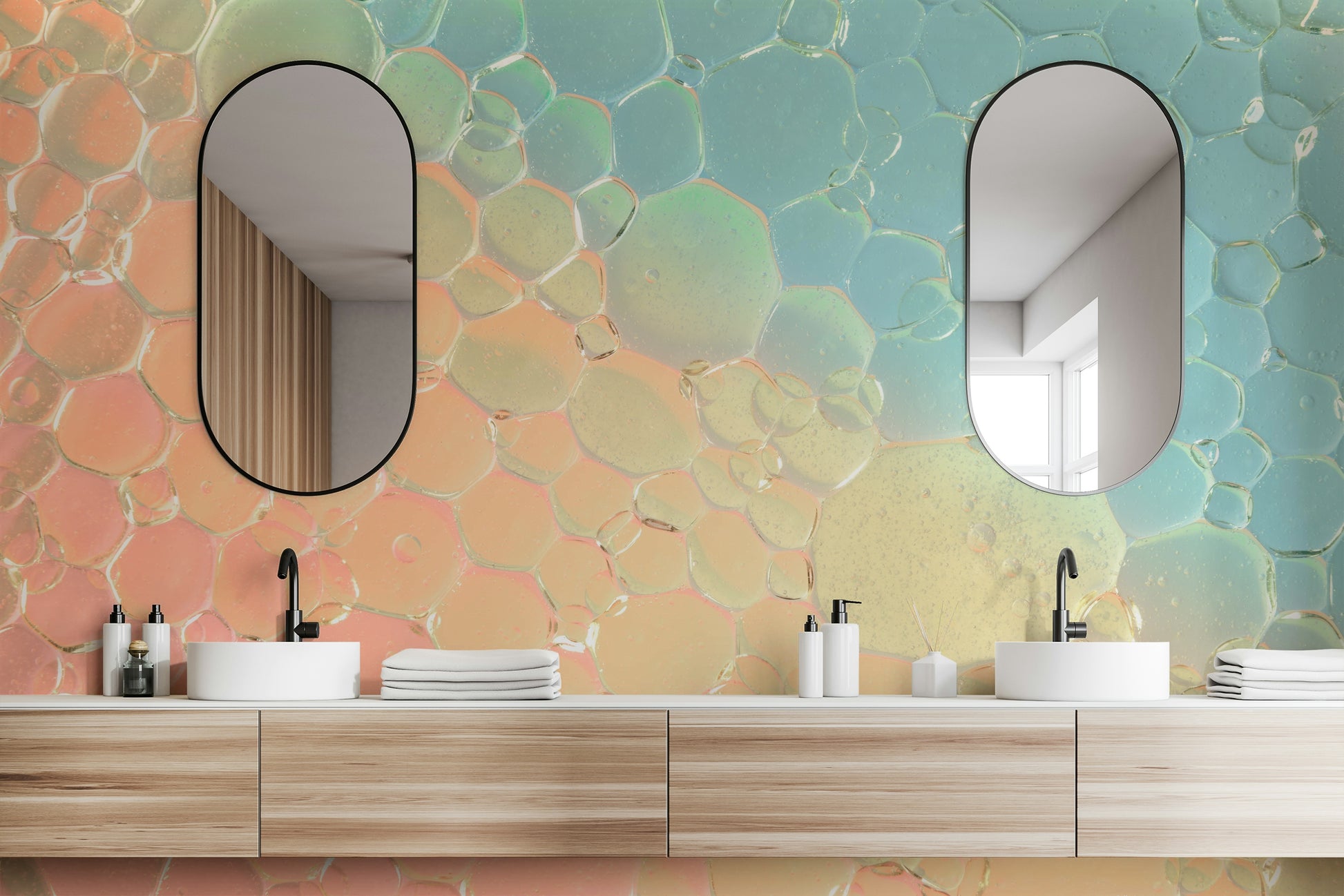 Array of shimmering, translucent bubbles.

