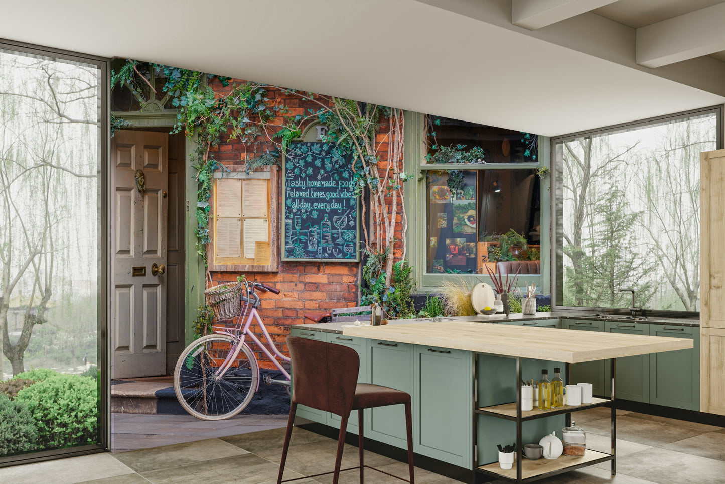 Pink bicycle outside cafe mural
