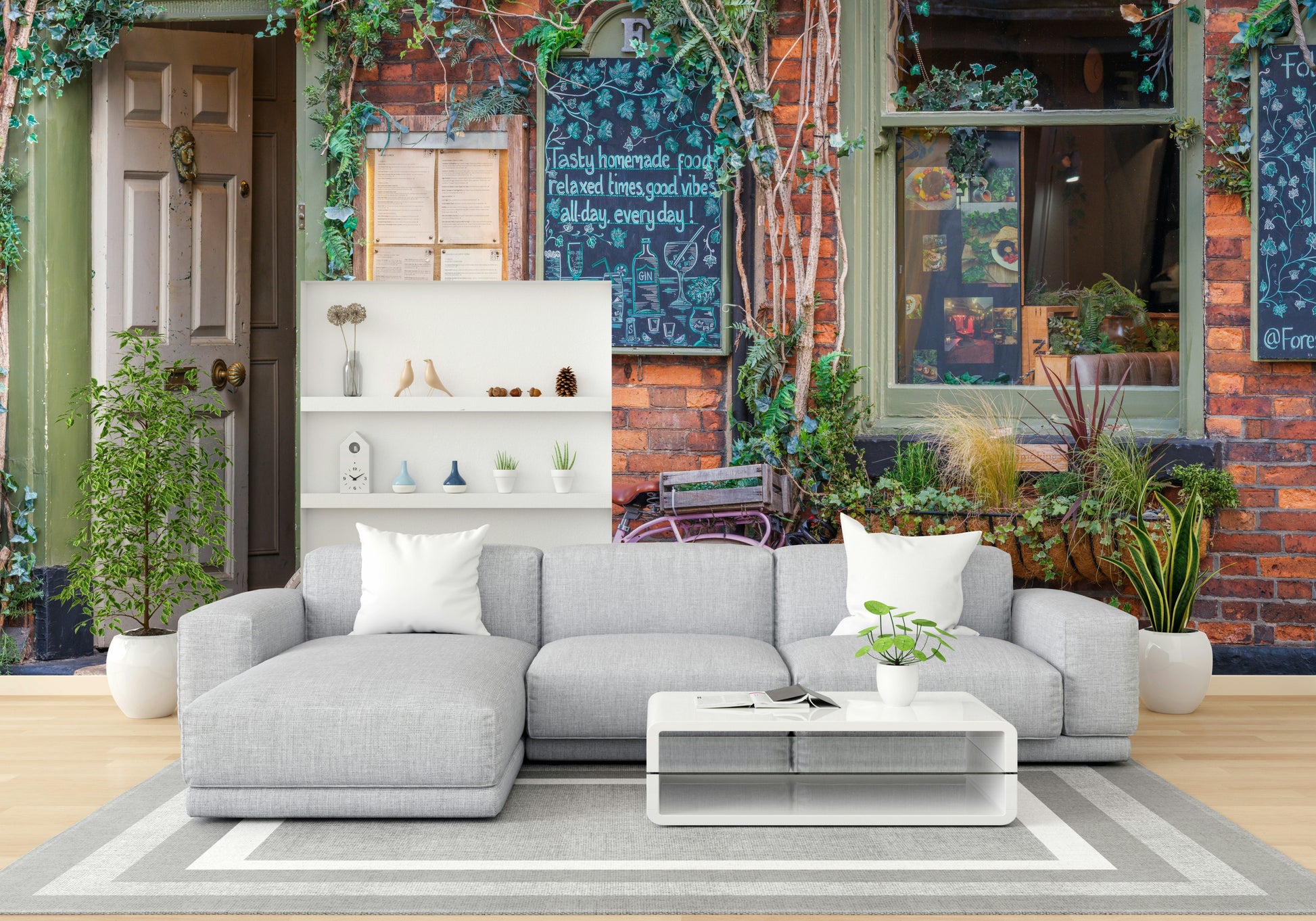 Bicycle parked by storefront mural
