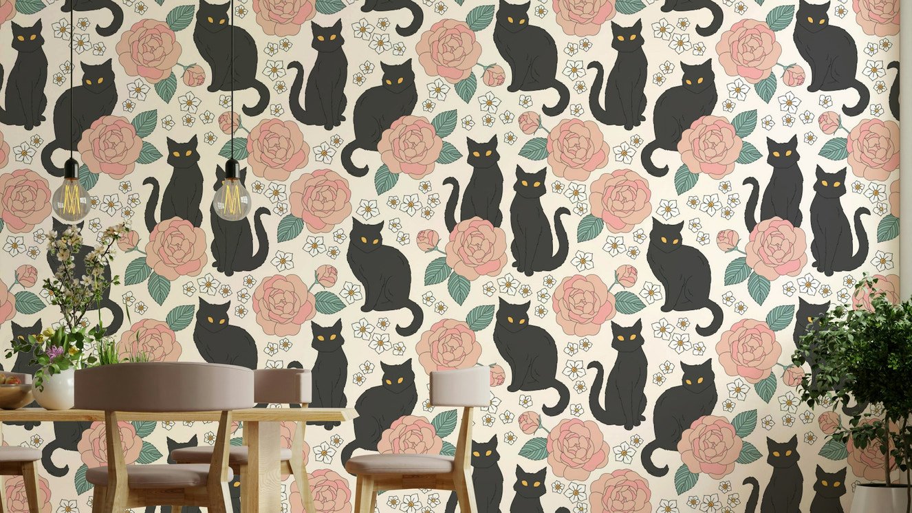 Chic cat and flower wallcovering
