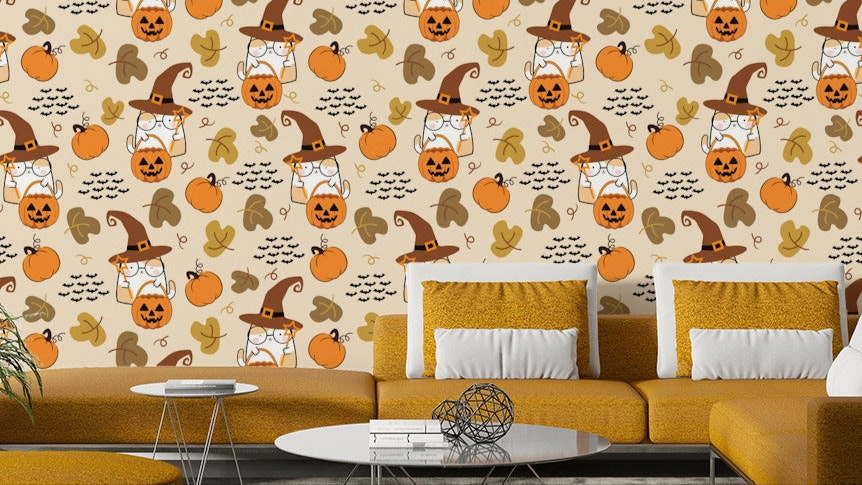 Whimsical Halloween cats wallpaper.
