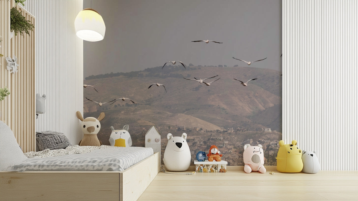 Features a landscape of rolling hills or mountains, reminiscent of ancient or biblical settings.
