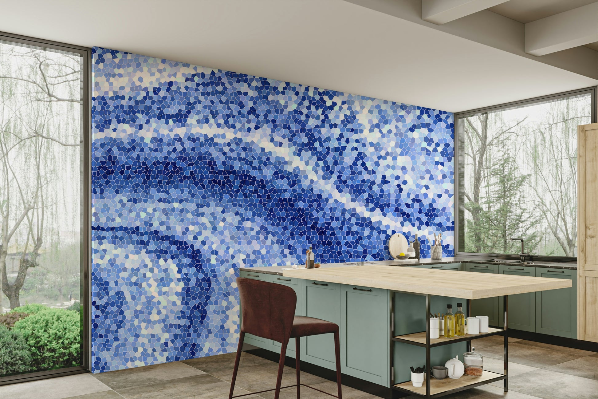 The color palette is composed of various shades of blue, possibly with hints of white or green.
